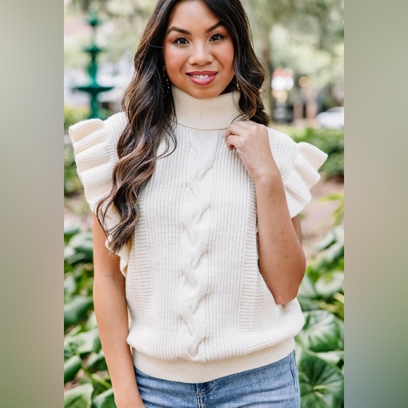 Debut Feminine Fun Natural White Ruffled Cable Knit Sleeveless Sweater Size S/M - Picture 4 of 14